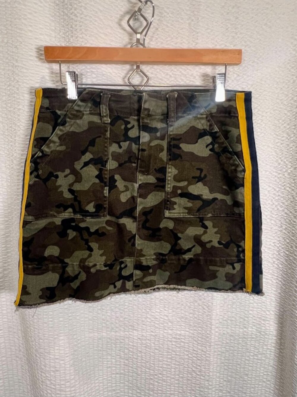 Dear John Skirt Womens 28 Green Camo Mini Denim Jean Raw Hem Stripe